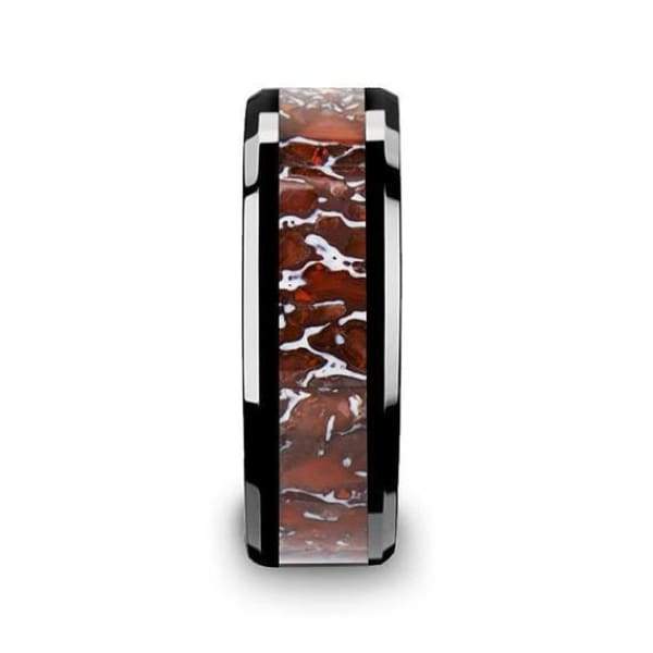 Black Ceramic Wedding Ring Red Dinosaur Bone Inlay Beveled Polished Finish 4mm & 8mm