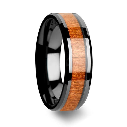 Black Cherry Wood Inlaid Ceramic Wedding Band Beveled Edges 6mm - 10mm