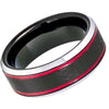 Black Ice Finish Tungsten Wedding Band with 2 Red Stripes on sides Beveled Edge - 8mm