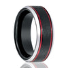 Black Ice Finish Tungsten Wedding Band with 2 Red Stripes on sides Beveled Edge - 8mm
