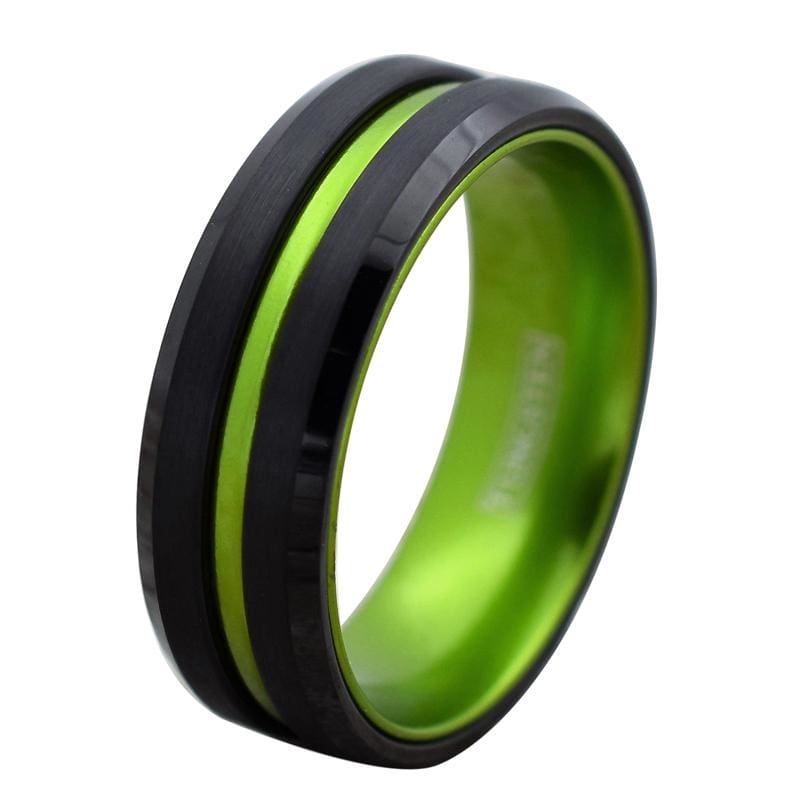 Black Tungsten Carbide Ring with Lime Green Grooved Center & Inside 6m