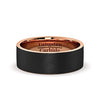 Black Tungsten Wedding Band For Men With Rose Gold Inside Brushed Flat Edge - 8mm