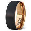 Black Tungsten Wedding Band For Men With Rose Gold Inside Brushed Flat Edge - 8mm