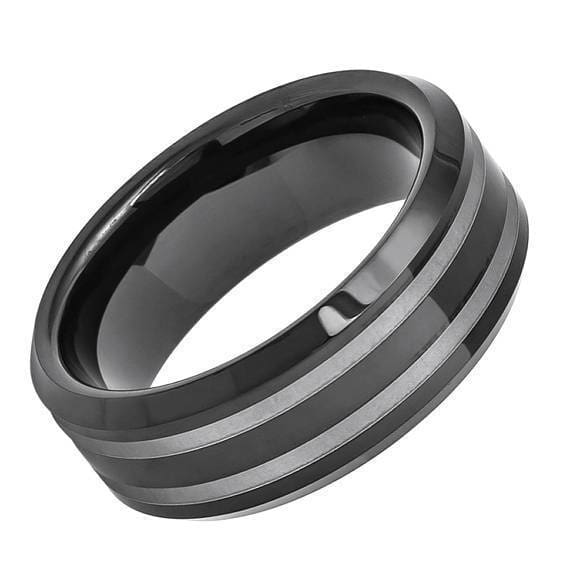 Black Tungsten Wedding Ring High Polish Double Line Groove & Beveled Edges - 8mm