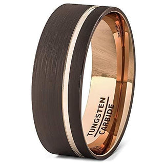 Brown Tungsten Wedding Ring Brushed With Thin Side Rose Gold Groove Flat Edge - 8mm - 7 / Brown