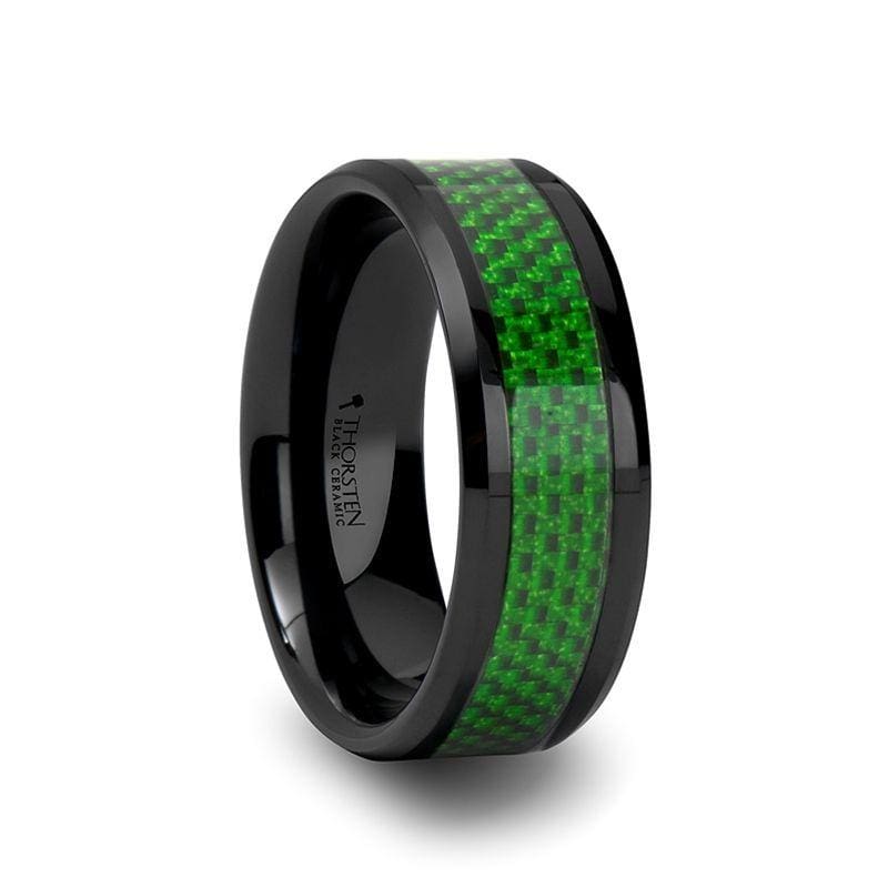 BUNIM Men’s Black Ceramic Ring With Emerald Green Carbon Fiber Inlay - 8mm