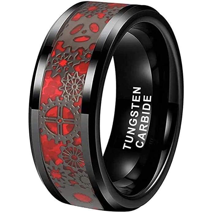 Camden Black Tungsten Carbide Ring Red Steampunk Gear Wheel Design - 8mm