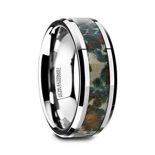 Camo Tungsten Wedding Ring Coprolite Fossil Inlay Beveled Polished Finish - 8mm - 5 / Tungsten