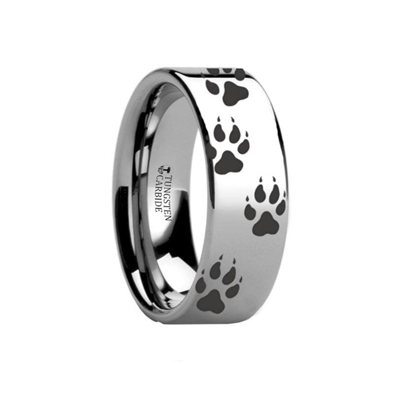Caribou Track Wolf Print Ring Engraved Flat Tungsten Polished- 4mm - 12mm