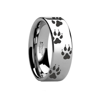 Caribou Track Wolf Print Ring Engraved Flat Tungsten Polished- 4mm - 12mm - 4mm / 5 / Tungsten