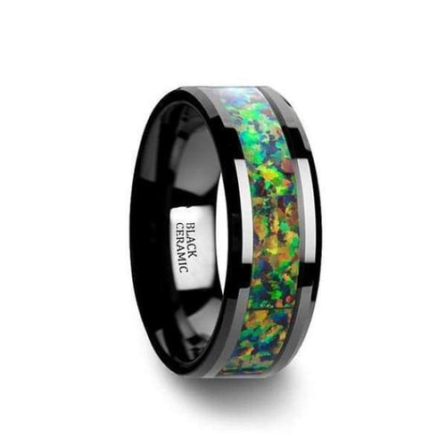 Ceramic Black Wedding Ring Blue & Orange Opal Inlay Beveled Polished Finish - 8mm