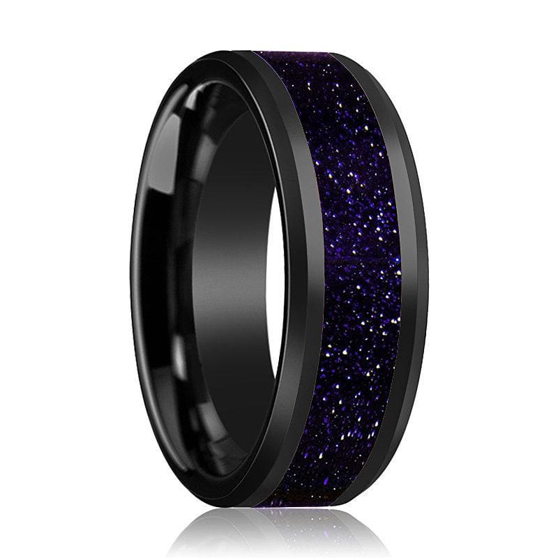 Ceramic Black Wedding Ring Purple Goldstone Inlay Beveled Polished Finish - 8mm