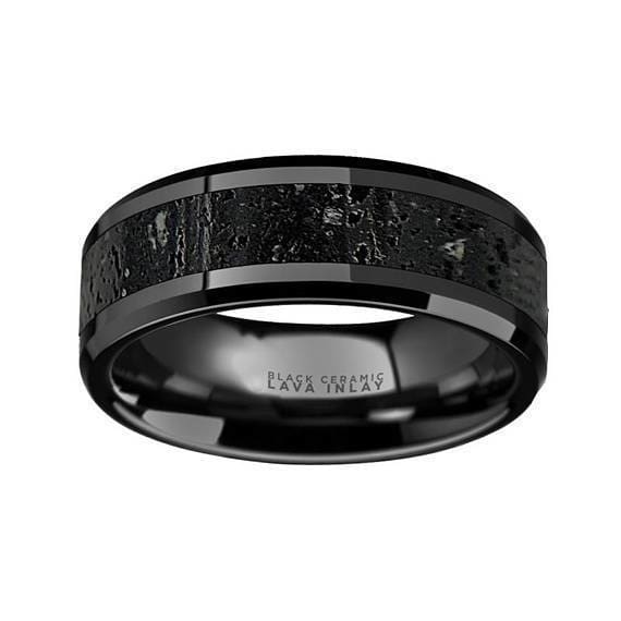 Ceramic Wedding Ring Black & Gray Lava Rock Stone Inlay Beveled Polished Finish 6mm & 8mm
