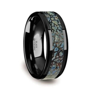 Ceramic Wedding Ring Blue Dinosaur Bone Inlay Beveled Polished Finish - 8mm - 8mm / 5 / Tungsten