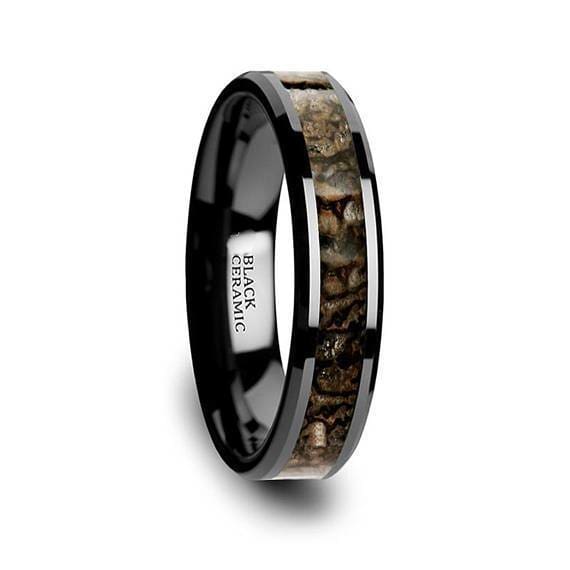 Ceramic Wedding Ring Brown Dinosaur Bone Inlay Beveled Polished Finish ...