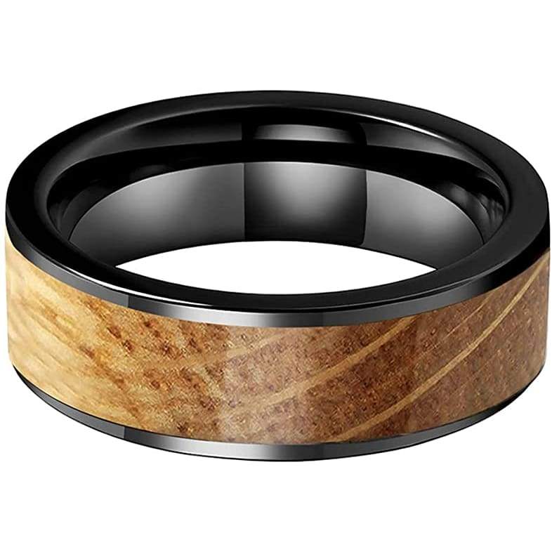 Clovis Flat Black Tungsten Carbide Ring Whiskey Barrel Oak Wood Inlay - 8mm