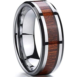 Concord Beveled Hawaiian Koa Wood Inlaid Tungsten Carbide Ring For Him - 8mm - 6 / Tungsten