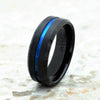 Corey Black & Blue Tungsten Wedding Band Ion Plated Stripe and Beveled Edges 6mm 8mm