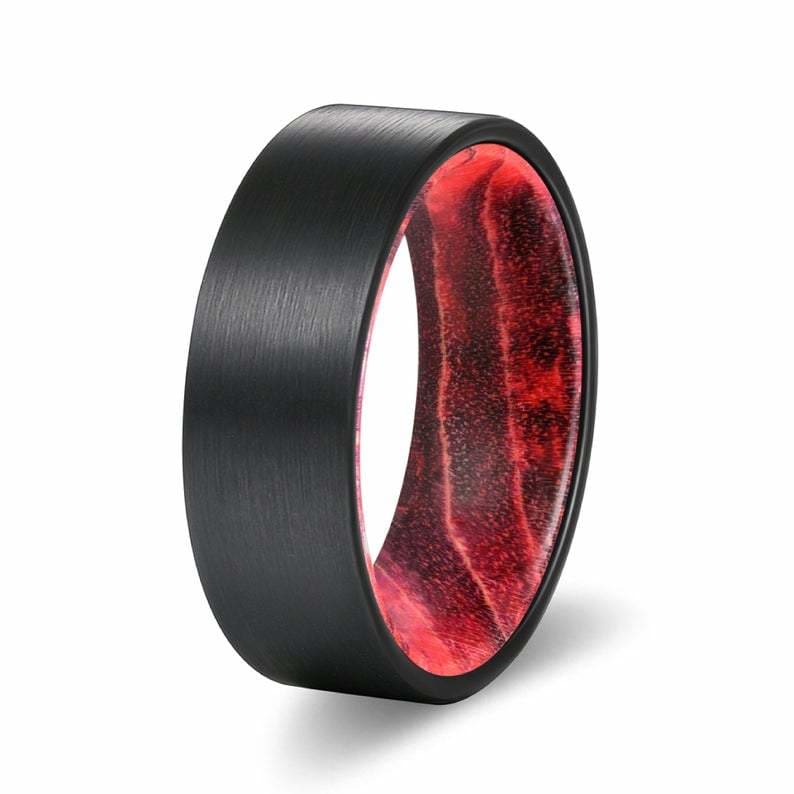 DALLON Flat Black Tungsten Ring with Red/Black Box Elder Wood Sleeve 8mm