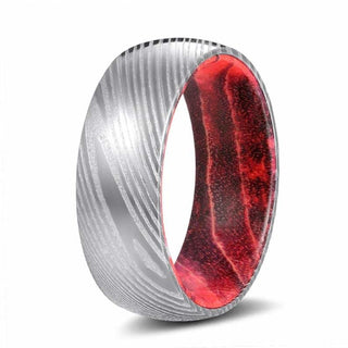 DANNON Domed Damascus Steel Ring with Black/Red Box Elder Wood Sleeve 8mm - 7 / Damascus