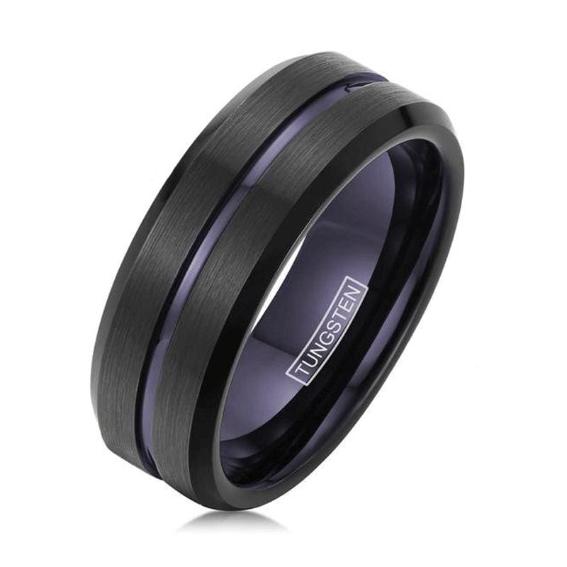 Deep Dark Purple Center Grooved Black Tungsten Carbide Wedding Band - 6mm & 8mm