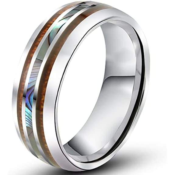 Dennis Abalone Shell Koa Wood Inlay Domed Tungsten Carbide Wedding Ring - 8mm