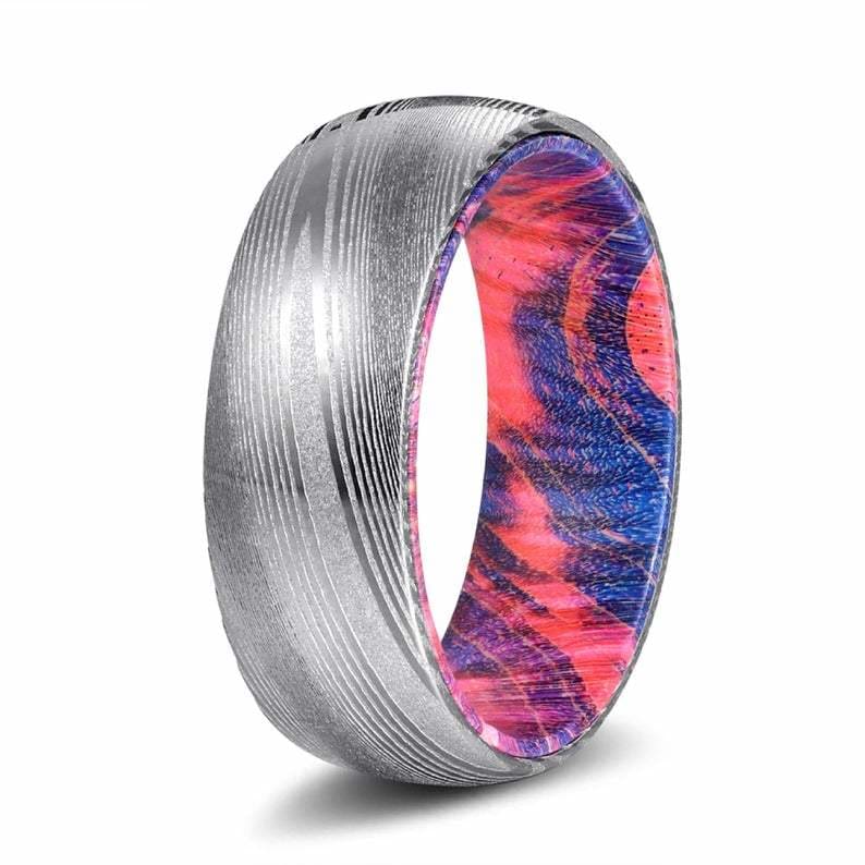DEO Brushed Damascus Steel Ring with Red & Blue Box Elder Wood Sleeve 8mm