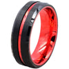 Devin Black Tungsten Wedding Ring W/ Ion Plated Red Stripe & High Polished Beveled Edges 6mm 8mm