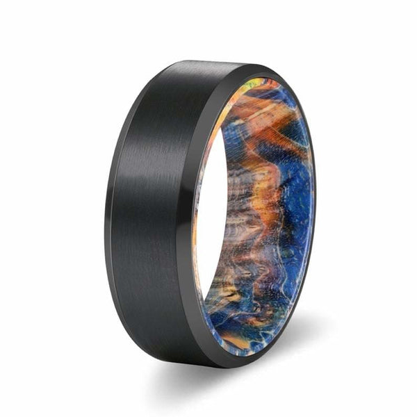 DIOR Men's Black Tungsten Carbide Ring with Blue & Yellow Box Elder Wood  Sleeve– The Artisan Rings