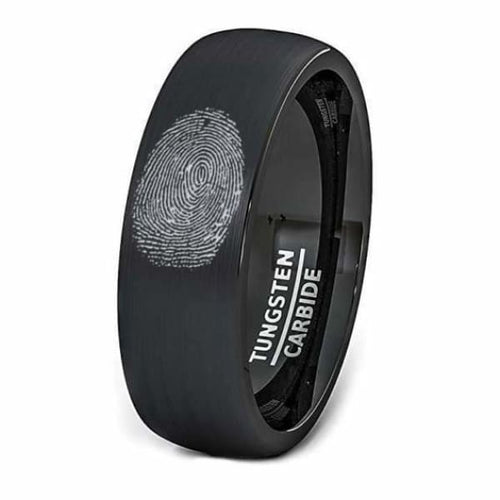 Domed Finger Print Engraved Black Tungsten Wedding Ring With Brushed Center - 8mm