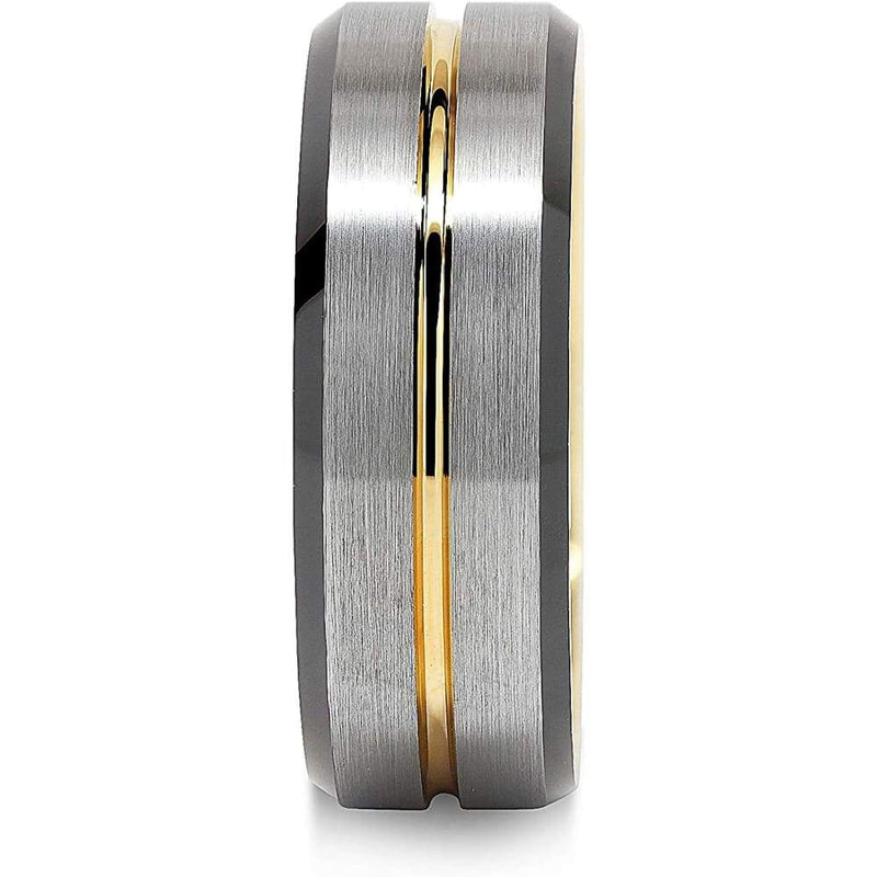 Duxbury Grooved Yellow Golad Inlaid Brushed Center Tungsten Carbide Ring - 8mm