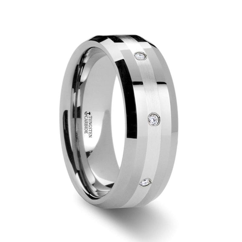 EDWARDO Silver Inlaid Beveled Tungsten Ring with 8 diamond settings - 8mm