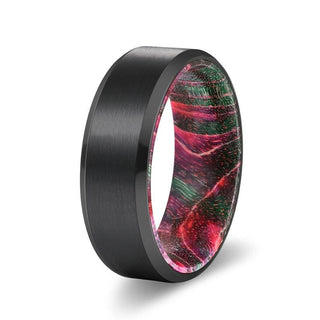 ELKI Black Brushed Tungsten Carbide Ring with Green/Red Box Elder Wood Sleeve 8MM - 7 / Tungsten