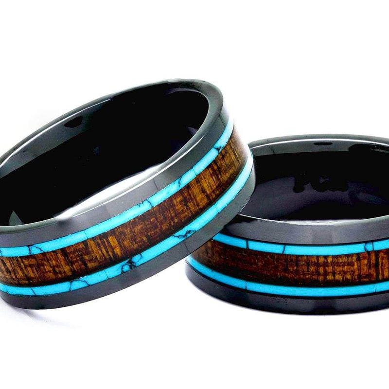 Evon Black Ceramic Wedding Band Hawaiian Koa Wood and Turquoise inlays 8mm