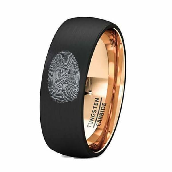 Finger Print Engraved Tungsten With Rose Gold Inlay Brushed Wedding Ring - 8 mm