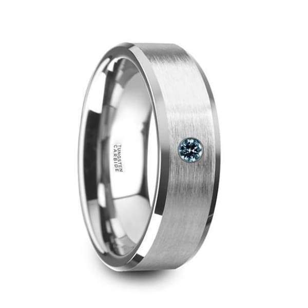 Flat Tungsten Wedding Band W/ Blue Diamond Setting with Beveled Edges 6mm & 8mm