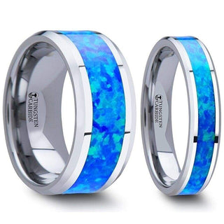 Gabriel Tungsten Wedding Band Set With Blue Green Opal Inlay - 4mm - 10mm - 4mm / 4mm / Blue