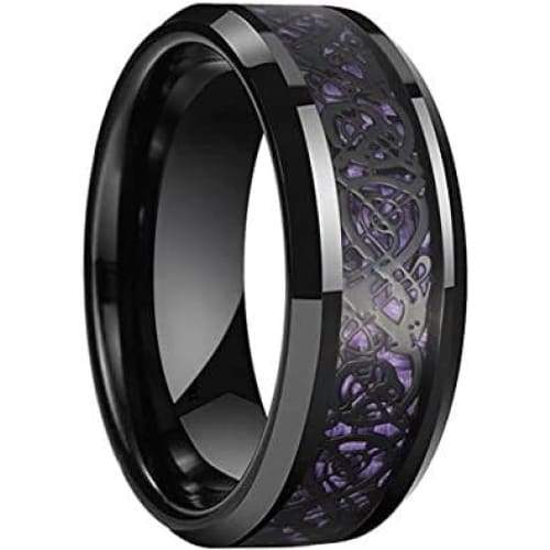 Genoa Black Tungsten Ring Celtic Dragon Pattern Purple Carbon Fiber Inlay - 8mm