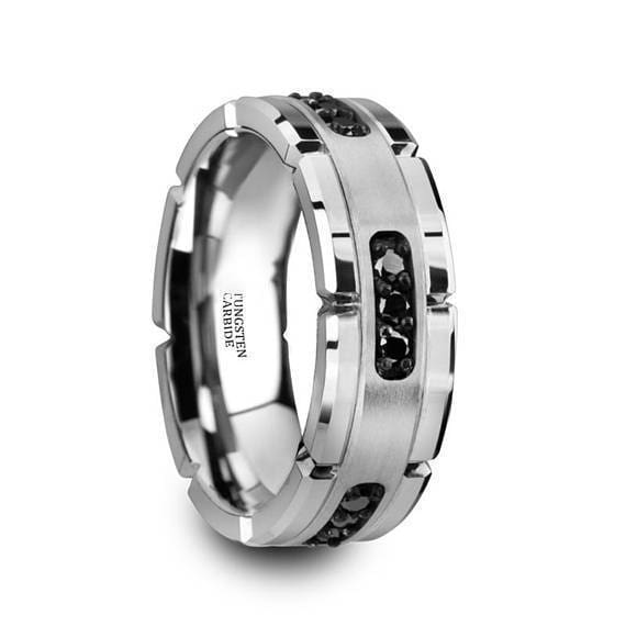 Genuine Black Diamonds Silver Tungsten Wedding Ring Multiple Black Diamonds - 8mm