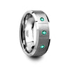 Green Emerald Silver Tungsten Wedding Ring Brushed Beveled Edges w/ 3 Emeralds - 8mm