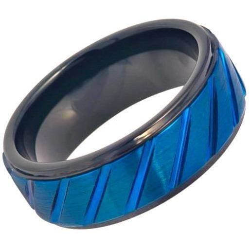 Grooved Finish Center Tungsten Ring Prussian Blue IP Plated Diagonally ...