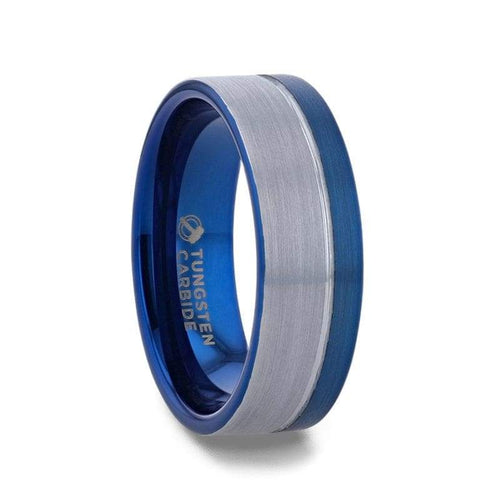 Grooved Tungsten Carbide Men’s Wedding Band With Blue Ion Plating Inside - 8mm