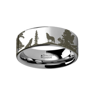 HARLAN Landscape Scene Wolf Wolves Engraved Flat Tungsten Ring 4mm - 12mm - 4mm / 5 / Tungsten