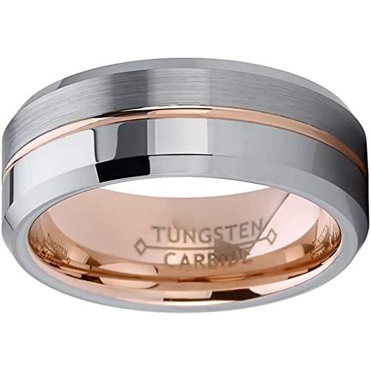 Harlem Rose Gold Inlay Center Groove Half Brushed Polished Tungsten Ring 8mm