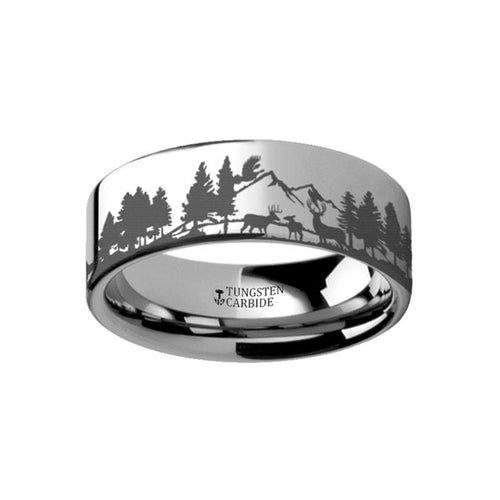 HAYS Landscape Scene Reindeer Deer Stag Engraved Flat Tungsten Ring 4mm - 12mm