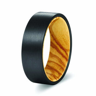 HIERO Brushed Flat Black Tungsten Wedding Band w/ Olive Wood Sleeve 8MM - 7 / Black