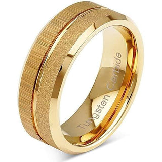 Holland Yellow Gold Inlaid Sandblast Brushed Grooved Men's Tungsten Ring - 8mm - 6 / Tungsten