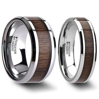 ICHIRU Tungsten Wedding Band Set With Black Walnut Wood Inlay - 4mm - 12mm - 4mm / 4mm / Tungsten