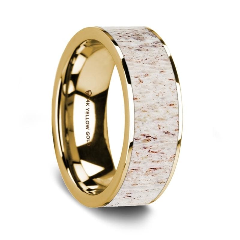 Jaakko 14K Yellow Gold Wedding Ring with White Deer Antler Inlay Flat Polished - 8 mm