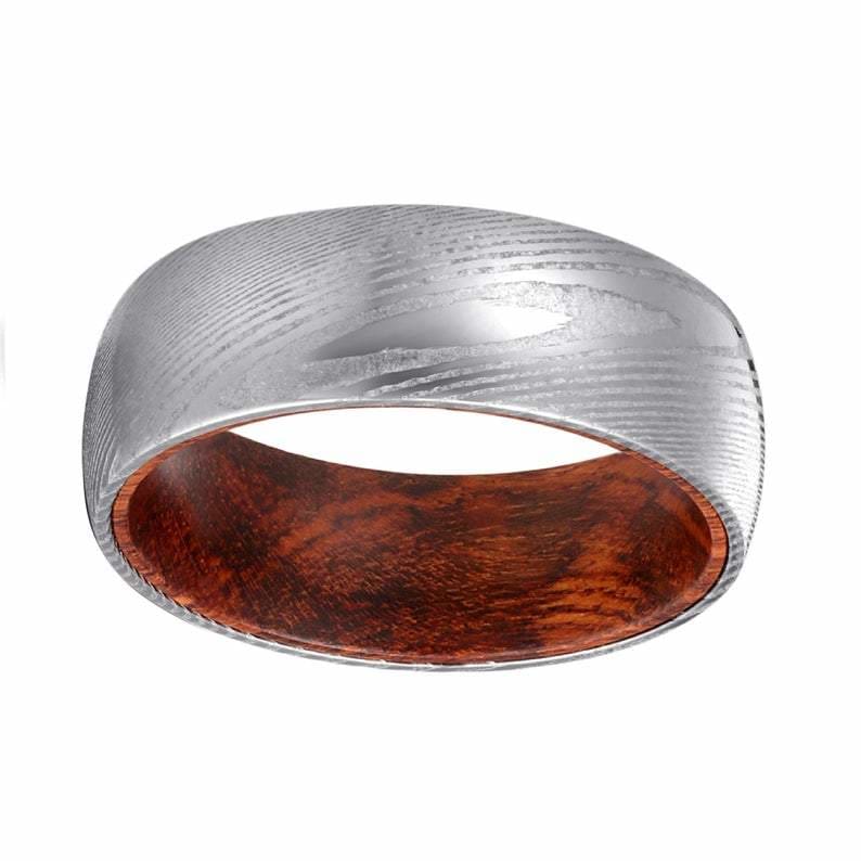 Mens Wedding Band Damascus Steel Ring 14k Rose Gold Blue Ocean 